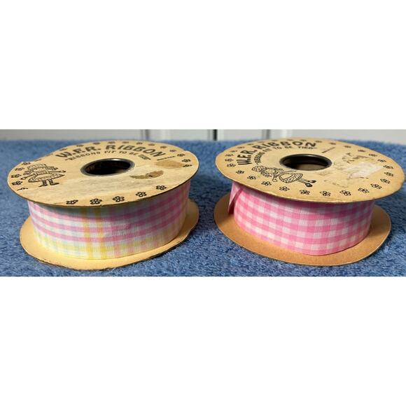 2 Rolls Vintage W.F.R Fabric Ribbon in Pink Gingham and Pastel Plaid 20yds Each - Picture 1 of 6